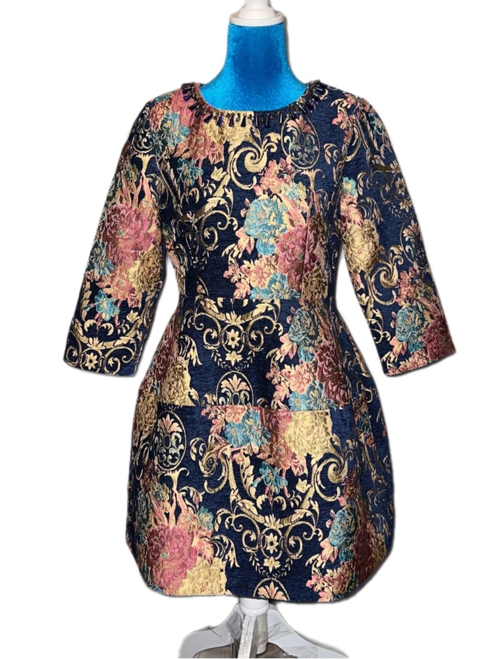 Vintage-Inspired Regal Navy & Gold Brocade  Fit & Flare Mini Dress w/pockets (L)